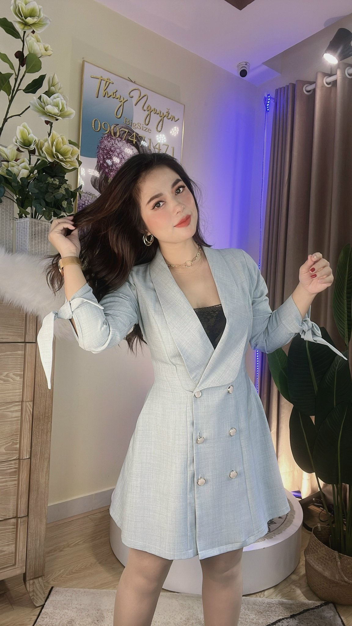 D526 ĐẦM VEST KHOÁC XANH 6 NÚT TAY DÀI BIGSIZE - Thuý Nguyễn Bigsize