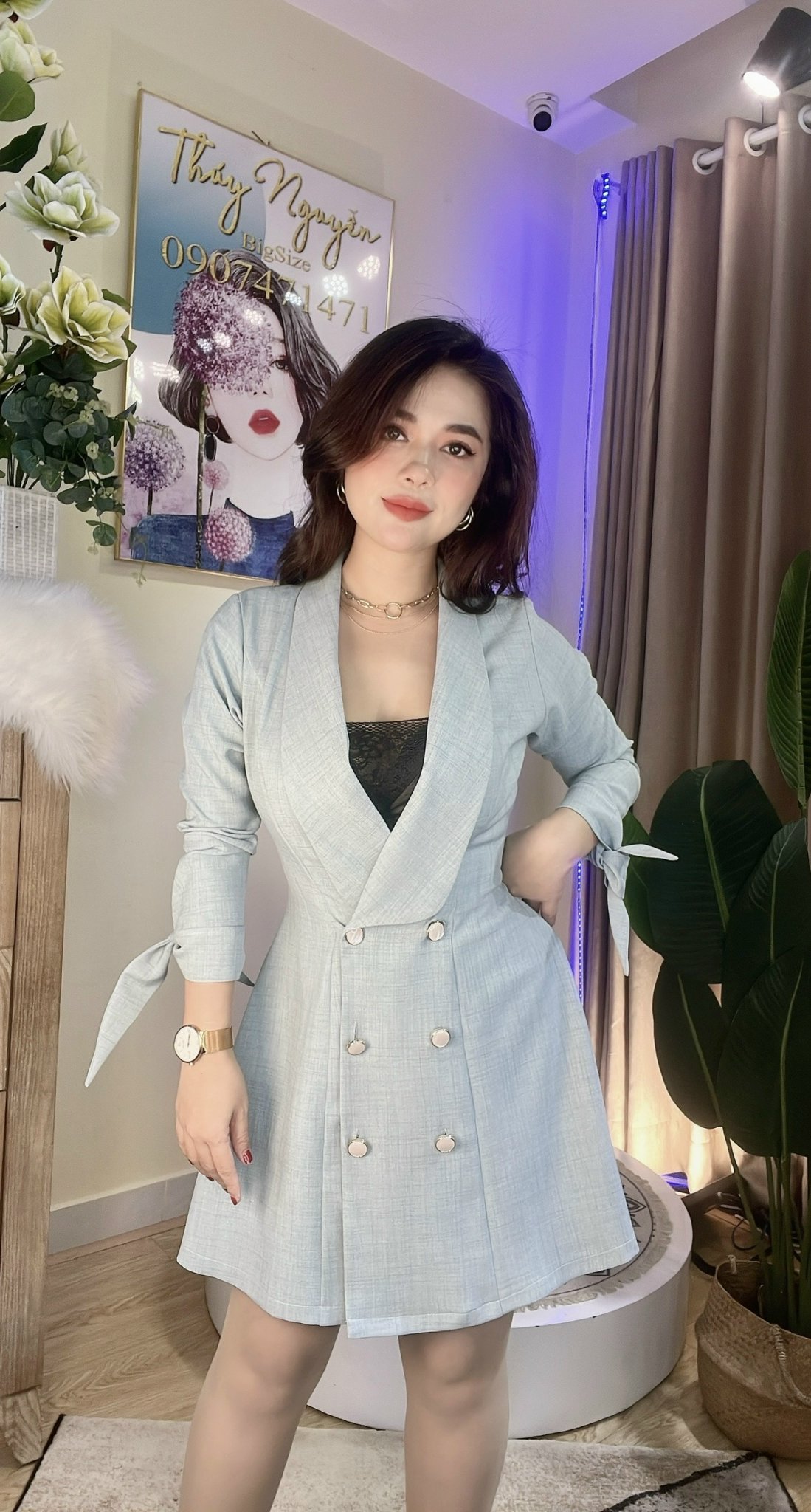 D526 ĐẦM VEST KHOÁC XANH 6 NÚT TAY DÀI BIGSIZE - Thuý Nguyễn Bigsize