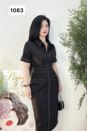 1083 ĐẦM SƠMI ĐEN VIỀN CHỈ TRẮNG