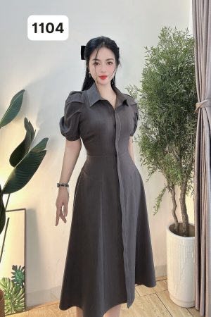 1104 ĐẦM SƠMI DÀI-VAI SÂU-(XÁM TRO)