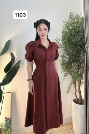 1103 ĐẦM SƠMI DÀI-VAI SÂU-(ĐỎ ĐÔ)