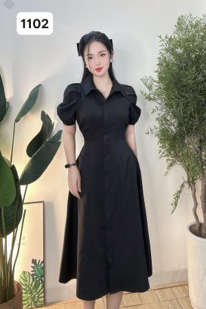 1102 ĐẦM SƠMI DÀI-VAI SÂU-(ĐEN)