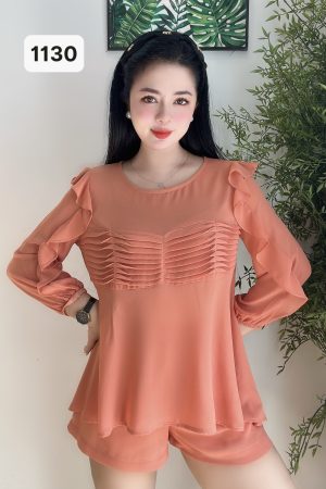 1130 SET VOAN XẾP LY XOÈ-TAY LỬNG(MÀU CAM)