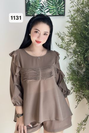 1131 SET VOAN XẾP LY XOÈ-TAY LỬNG(MÀU NÂU)