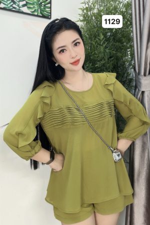 1129 SET VOAN XẾP LY XOÈ-TAY LỬNG(MÀU BƠ)