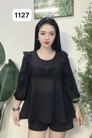 1127 SET VOAN XẾP LY XOÈ-TAY LỬNG(MÀU ĐEN)