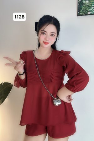 1128 SET VOAN XẾP LY XOÈ-TAY LỬNG(MÀU ĐỎ)