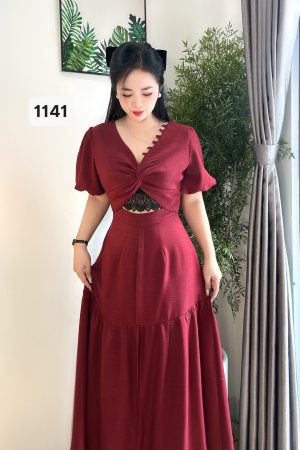 1141 ĐẦM XOẮN NGỰC REN-MÀU ĐỎ